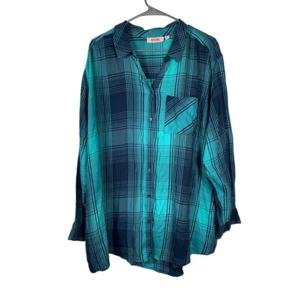 EVRI Teal Navy Blue Long Sleeve Button Down Blouse Size 2X EUC #DS-1541